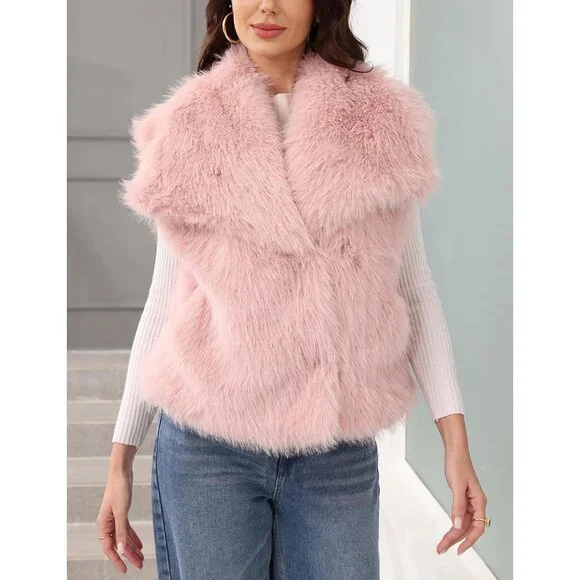 Women's Pink Faux Fur Vest Lapel Collar Sleeveless Furry Jacket Shaggy Warm - Picture 3 of 7